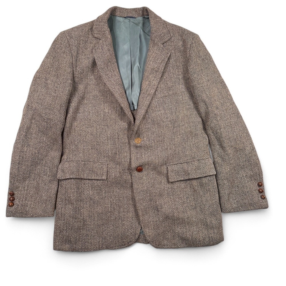 Harris‎ Tweed Blazer Mens 42R Jacket Herringbone Scottish Wool Brown